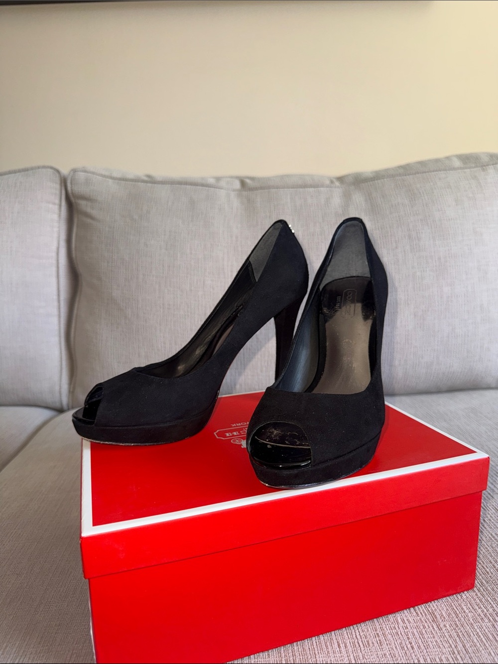 Coach Black Suede Peep-Toe Platform Heels